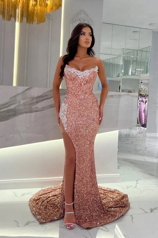 Sexy langes, trägerloses Ballkleid aus Spitze mit Pailletten und Schlitz in Altrosa