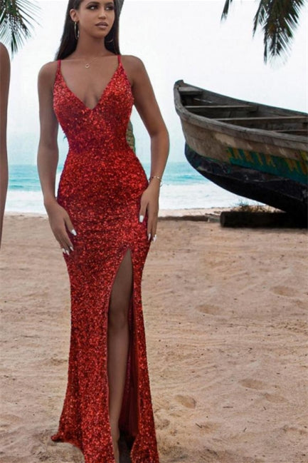Vestido de noche sexy de sirena, largo, rojo brillante, sin mangas, con abertura