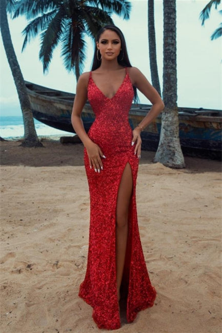 Sexy langes glitzerndes rotes ärmelloses Meerjungfrau-Abendkleid mit Schlitz