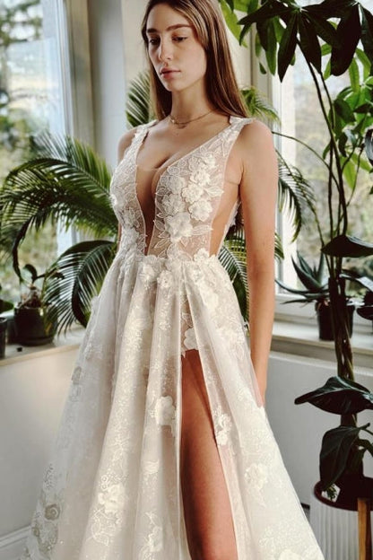 Sexy langes elfenbeinfarbenes A-Linien-Brautkleid mit V-Ausschnitt, Schlitz vorne und Spitze