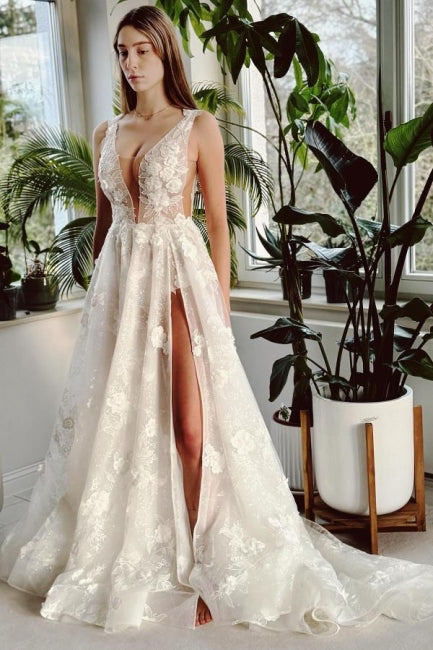 Sexy langes elfenbeinfarbenes A-Linien-Brautkleid mit V-Ausschnitt, Schlitz vorne und Spitze