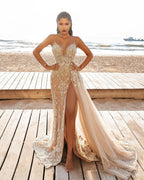 Vestido de novia sexy de sirena largo con apliques de encaje y abertura con cola lateral