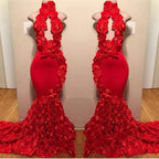 Sexy Long Mermaid Flowers High Neck Red Prom Dresses