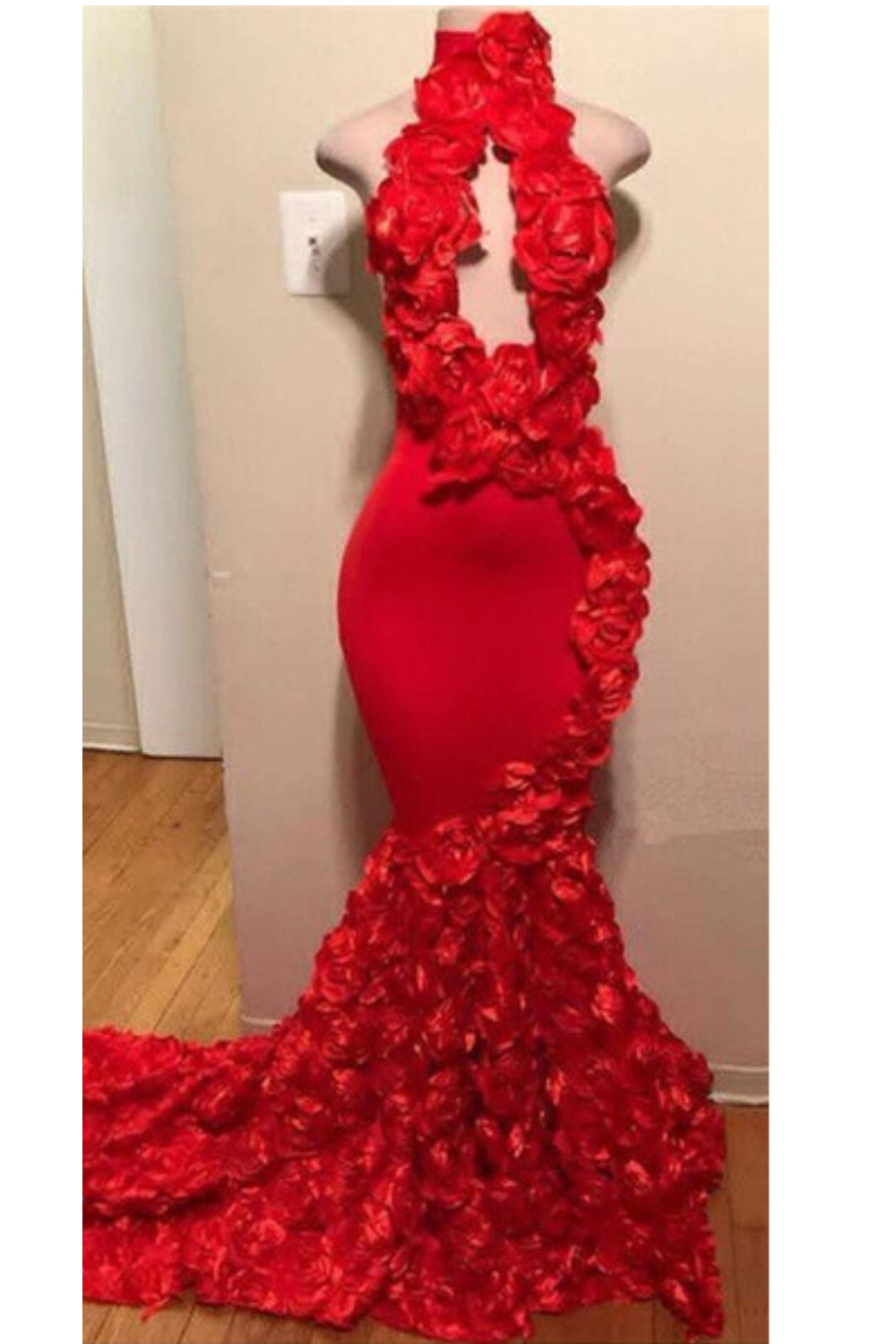 Sexy Lange Meerjungfrau Blumen Stehkragen Rote Ballkleider