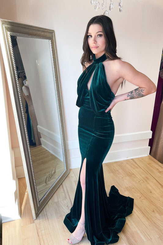 Sexy langes Meerjungfrau-Neckholder-Ballkleid aus Samt mit rückenfreiem