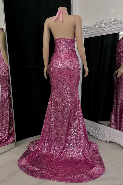Sexy langes Meerjungfrau-Ballkleid mit hohem Halsausschnitt, Pailletten und ärmellosem Schlitz