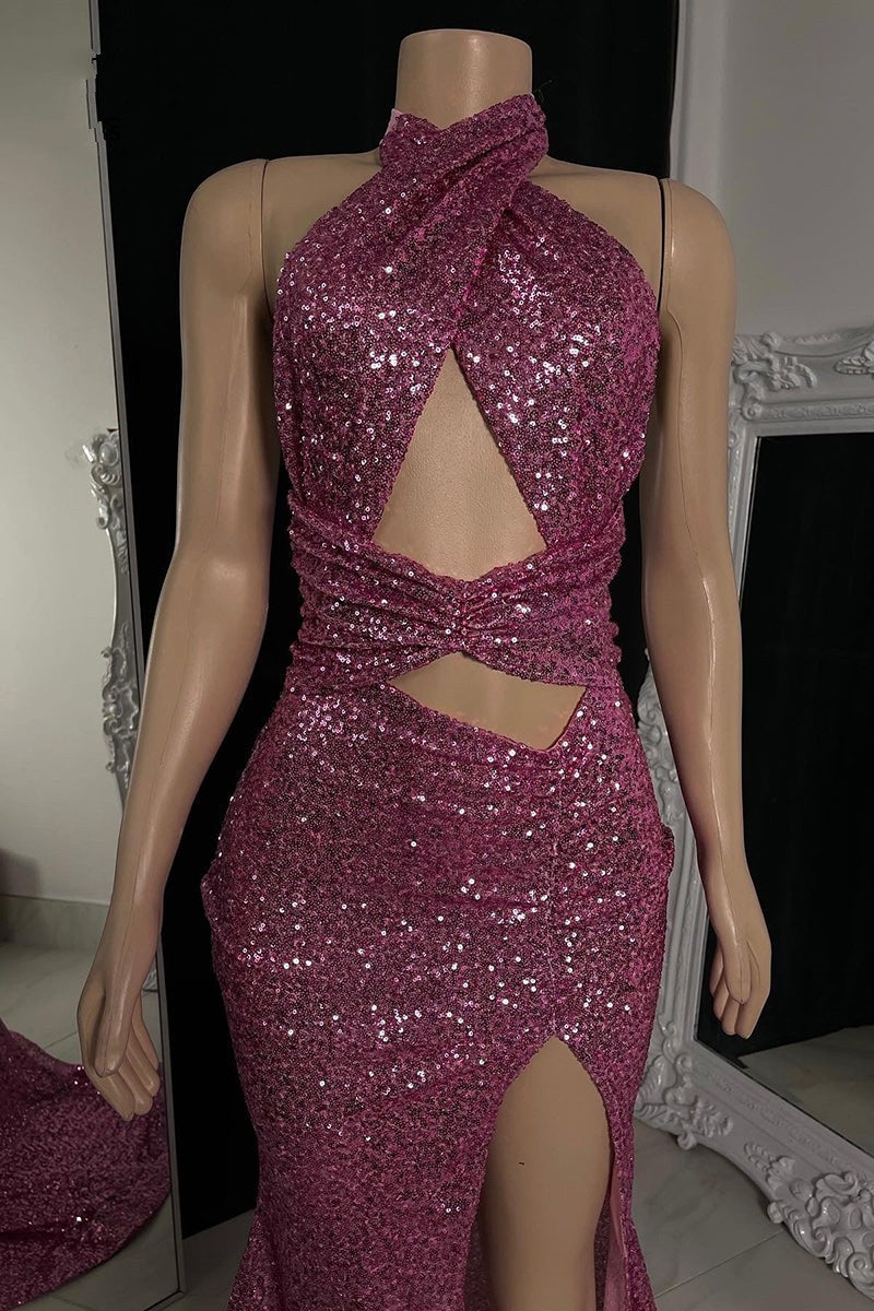 Sexy langes Meerjungfrau-Ballkleid mit hohem Halsausschnitt, Pailletten und ärmellosem Schlitz