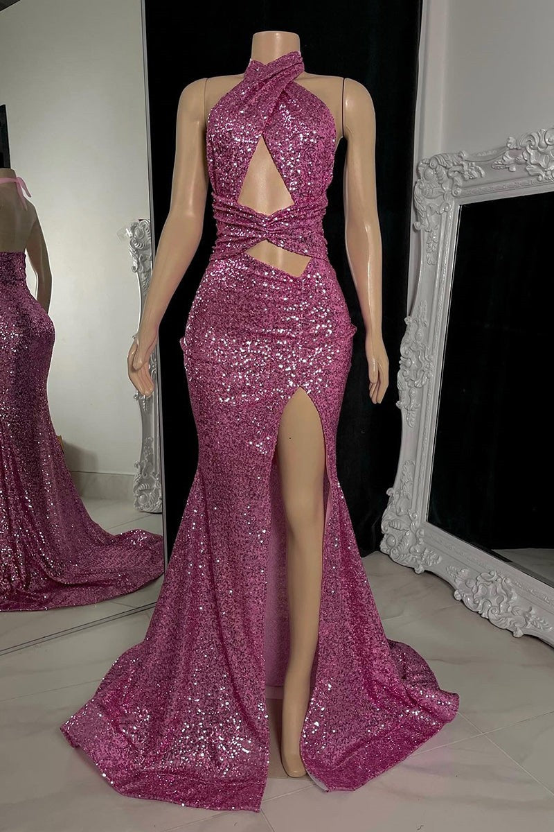 Sexy langes Meerjungfrau-Ballkleid mit hohem Halsausschnitt, Pailletten und ärmellosem Schlitz