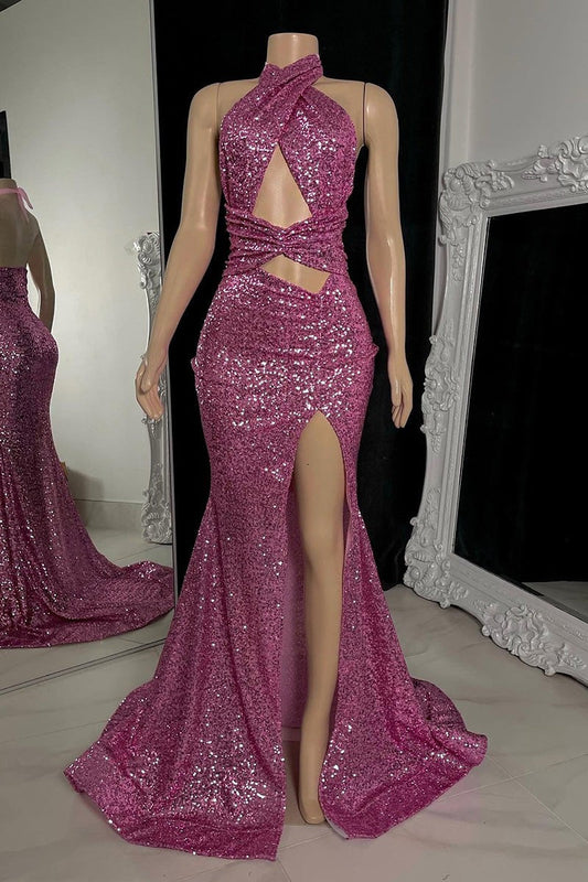 Sexy langes Meerjungfrau-Ballkleid mit hohem Halsausschnitt, Pailletten und ärmellosem Schlitz