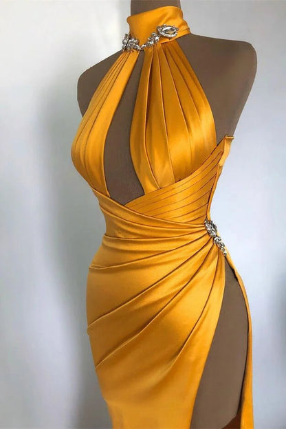 Sexy langes Meerjungfrau-Ballkleid mit hohem Halsausschnitt und Schlitz