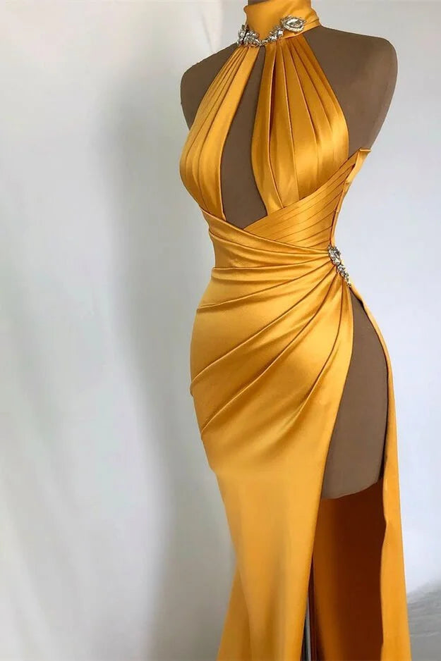 Sexy langes Meerjungfrau-Ballkleid mit hohem Halsausschnitt und Schlitz