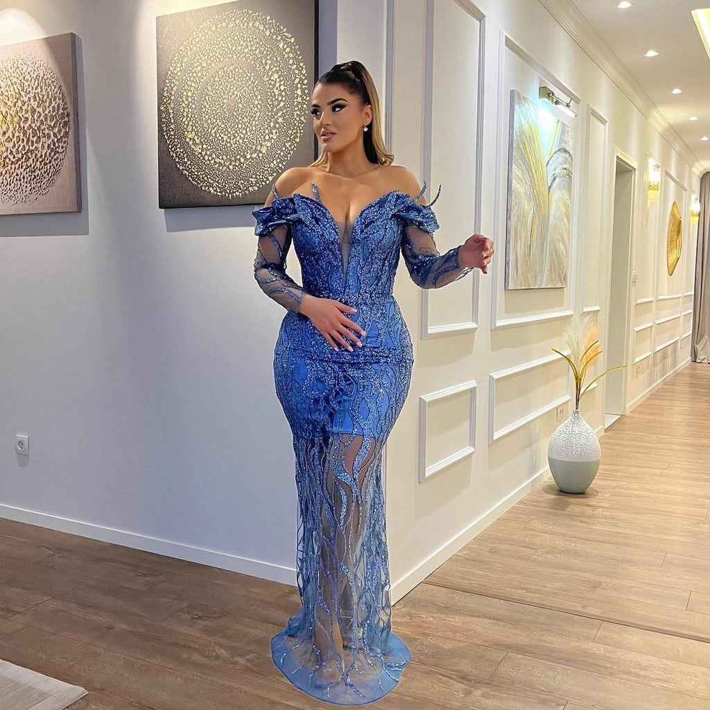 Sexy Long Mermaid Off the Shoulder Tulle Lace Formal Evening Dresses