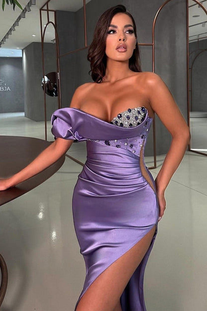 Sexy langes lila Meerjungfrau-Abendkleid mit einer Schulter und ärmellosem Strass
