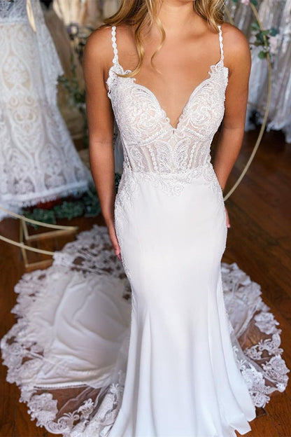 Sexy Langes Meerjungfrau Spaghettiträger Spitze Rückenfreies Brautkleid Mit Schleppe