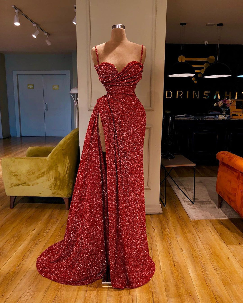Sexy Langes Meerjungfrau Spaghettiträger Pailletten Ballkleid Mit Schlitz