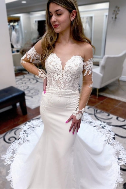 Vestidos de novia sexys de encaje con escote corazón y sirena con mangas largas