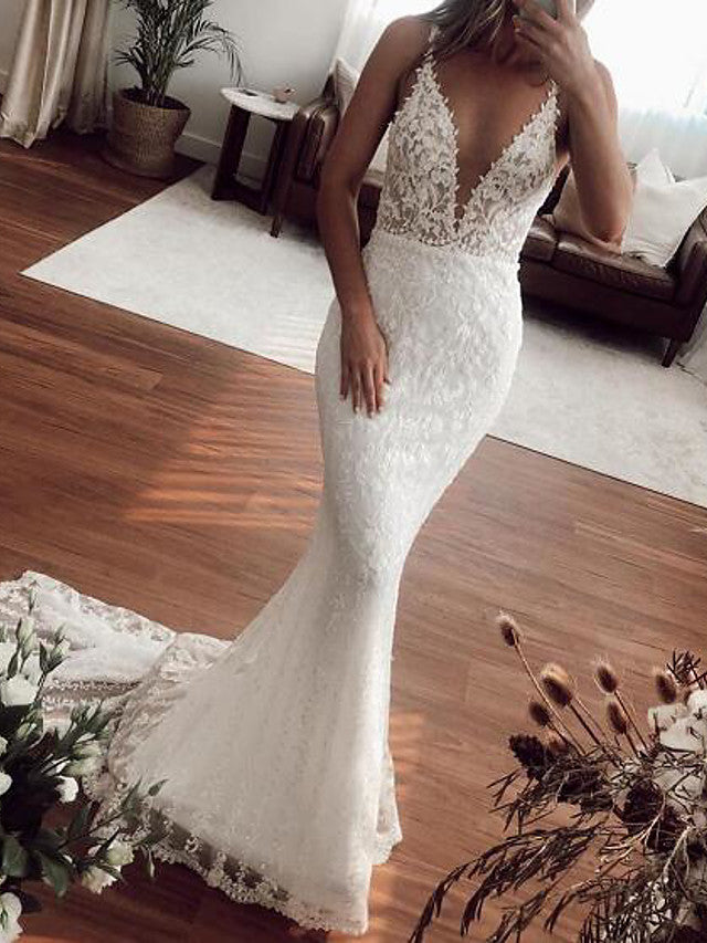 Sexy Lange Meerjungfrau V-Ausschnitt Spitze Tüll Brautkleider