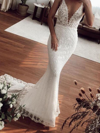 Sexy Lange Meerjungfrau V-Ausschnitt Spitze Tüll Brautkleider