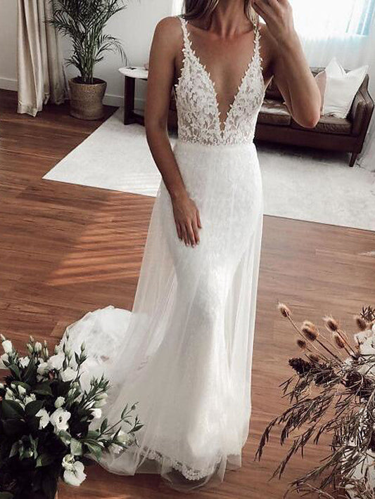 Sexy Lange Meerjungfrau V-Ausschnitt Spitze Tüll Brautkleider