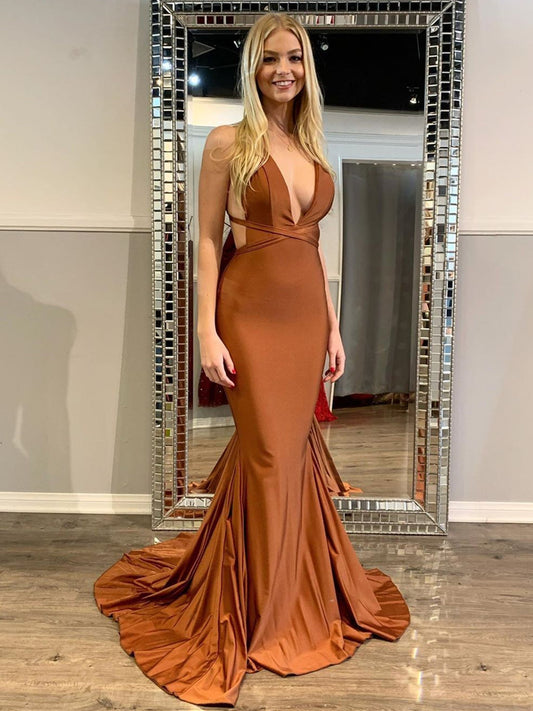 Sexy Lange Meerjungfrau V-Ausschnitt Satin Offener Rücken Abschlussballkleider