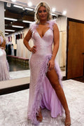 Sexy langes Meerjungfrau-Abendkleid mit V-Ausschnitt, Pailletten und Schlitz