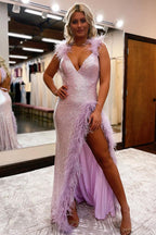 Sexy langes Meerjungfrau-Abendkleid mit V-Ausschnitt, Pailletten und Schlitz