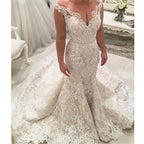 Sexy Langes Meerjungfrau V-Ausschnitt Spaghettiträger Applikationen Spitze Brautkleid