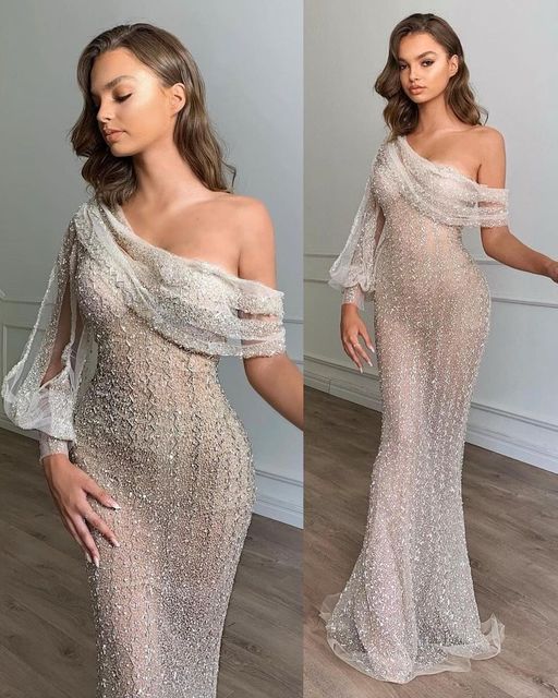 Sexy langes One-Shoulder-Meerjungfrauen-Ballkleid mit Pailletten und Puffärmeln