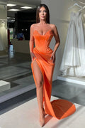 Sexy langes orangefarbenes ärmelloses Ballkleid mit V-Ausschnitt und Pailletten