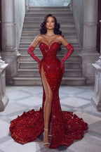Sexy langes rotes glitzerndes ärmelloses Meerjungfrau-Abendkleid mit V-Ausschnitt und Schlitz