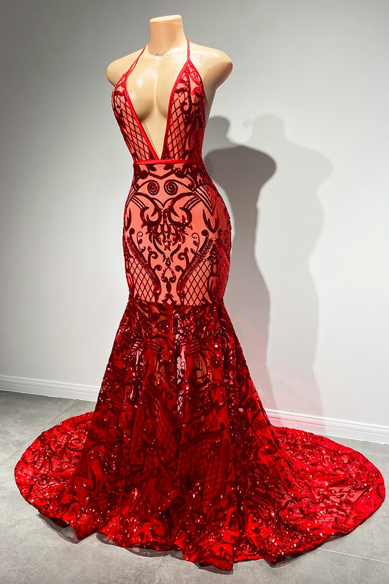 Sexy Langes Rotes Neckholder Rückenfreies V-Ausschnitt Spitze Ärmelloses Meerjungfrau Ballkleid