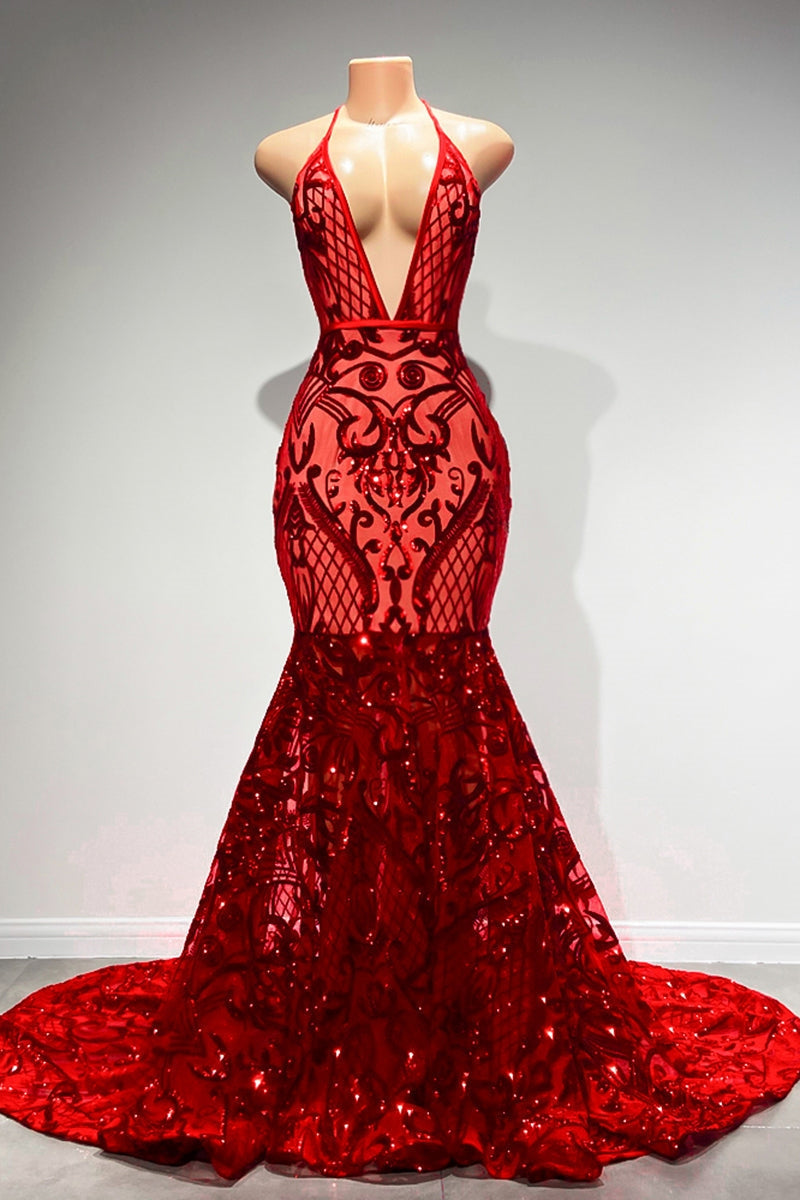 Sexy Langes Rotes Neckholder Rückenfreies V-Ausschnitt Spitze Ärmelloses Meerjungfrau Ballkleid