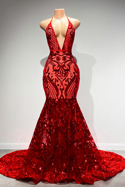 Sexy Langes Rotes Neckholder Rückenfreies V-Ausschnitt Spitze Ärmelloses Meerjungfrau Ballkleid