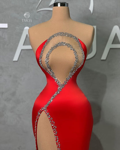 Sexy Langes Rotes Meerjungfrau Perlenbesetztes Ärmelloses Ballkleid Mit Schlitz