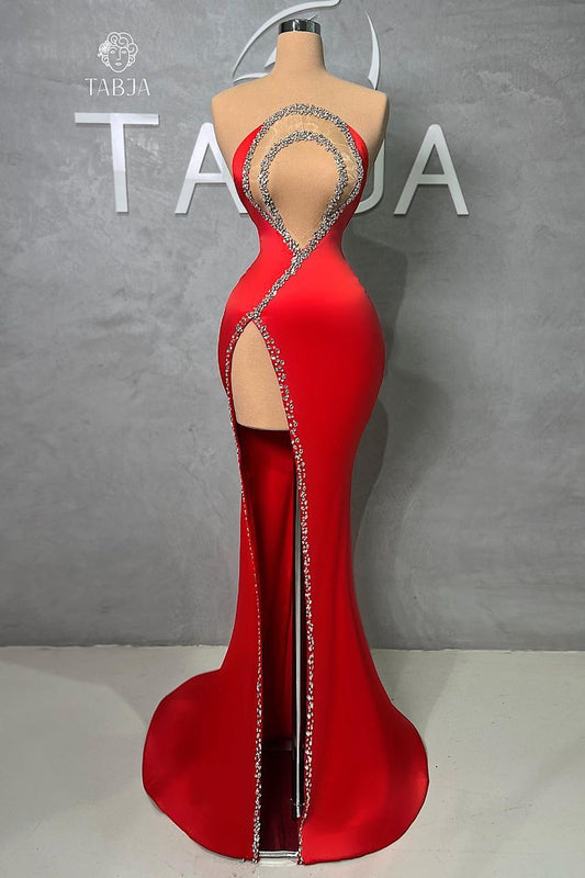 Sexy Langes Rotes Meerjungfrau Perlenbesetztes Ärmelloses Ballkleid Mit Schlitz
