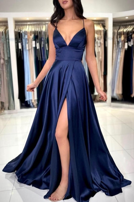Sexy Langes Einfaches Marineblaues Spaghettiträger Ballkleid mit Schlitz