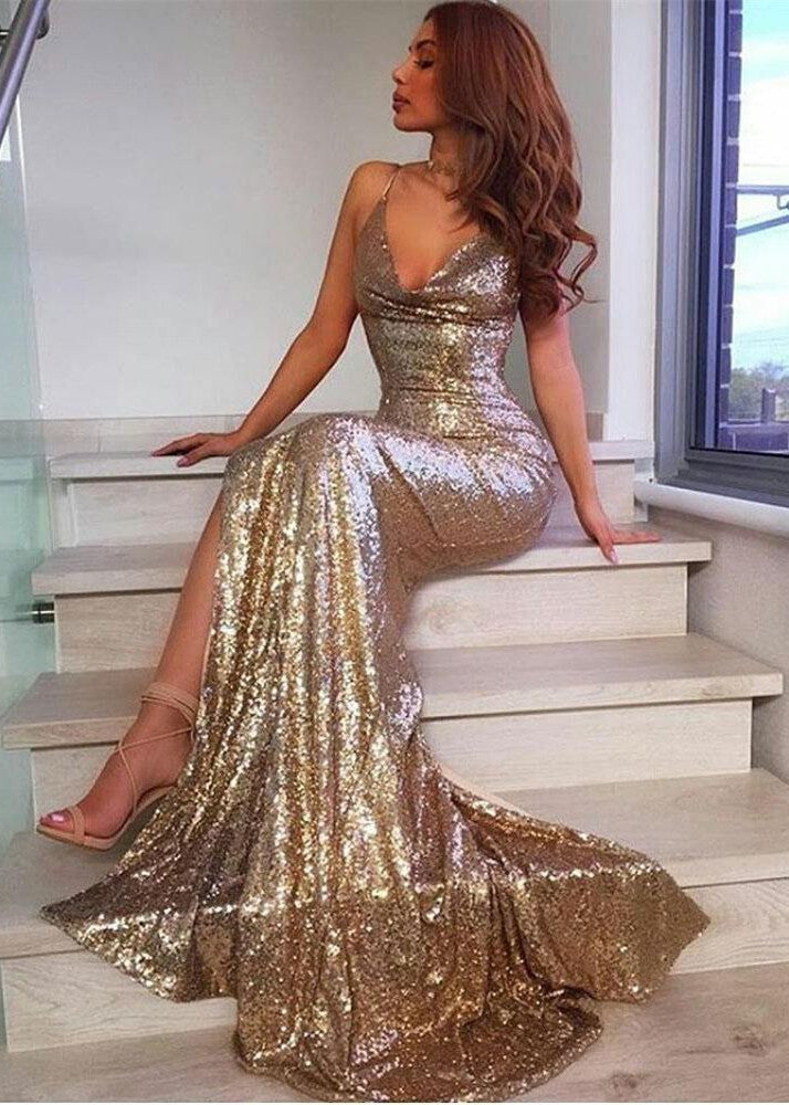 Sexy langes Meerjungfrau-Ballkleid mit V-Ausschnitt, offenem Rücken und Pailletten