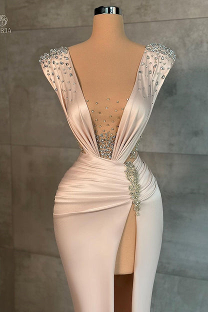 Sexy langes Meerjungfrau-Ballkleid mit V-Ausschnitt, Schlitz vorne und Strass