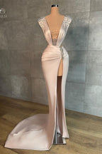 Sexy langes Meerjungfrau-Ballkleid mit V-Ausschnitt, Schlitz vorne und Strass