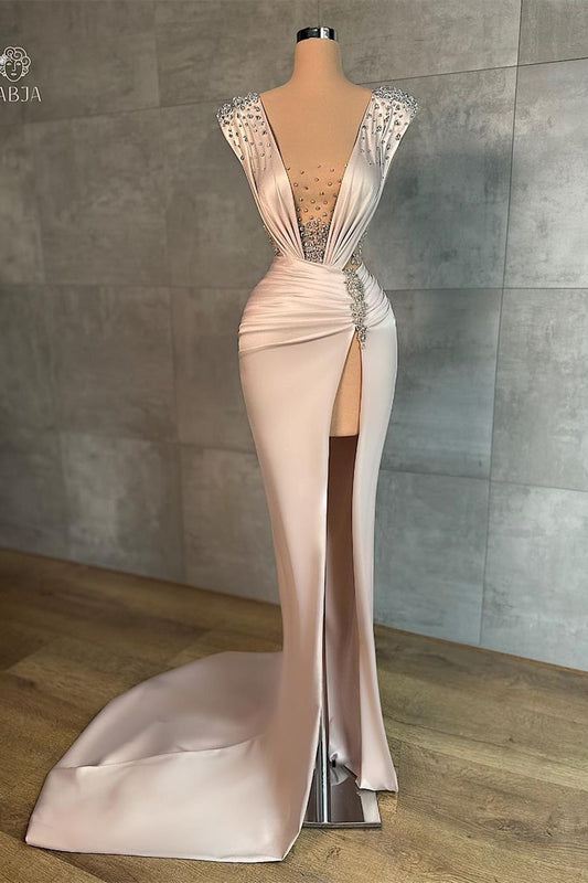 Sexy langes Meerjungfrau-Ballkleid mit V-Ausschnitt, Schlitz vorne und Strass