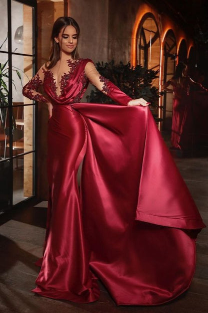 Sexy Meerjungfrau-Ballkleid mit langen Ärmeln und Rüschen in Burgunderrot