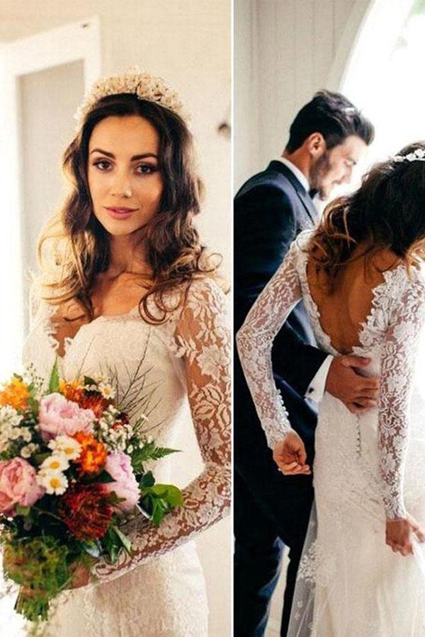 Sexy Meerjungfrau Langarm Weiß Spitze Brautkleid WD120
