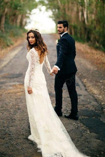 Sexy Meerjungfrau Langarm Weiß Spitze Brautkleid WD120