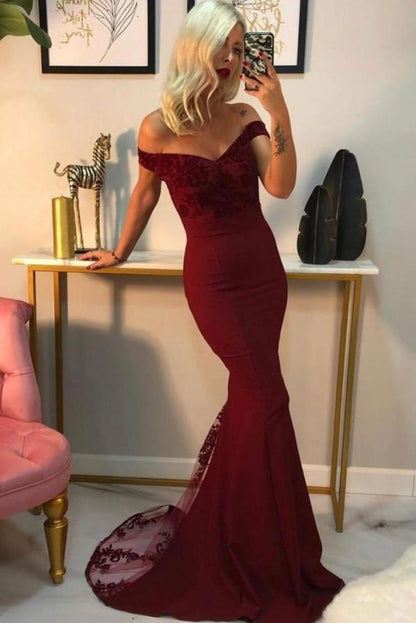 Sexy Meerjungfrau-Kleid, schulterfrei, rückenfrei, lang, mit Spitzenapplikationen