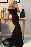 Vestido de fiesta largo sexy de sirena con hombros descubiertos y espalda descubierta con apliques de encaje