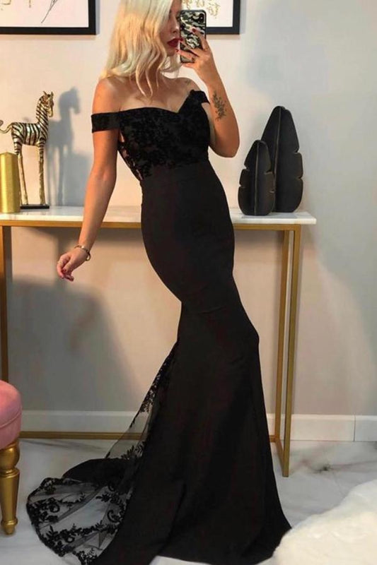 Sexy Meerjungfrau-Kleid, schulterfrei, rückenfrei, lang, mit Spitzenapplikationen