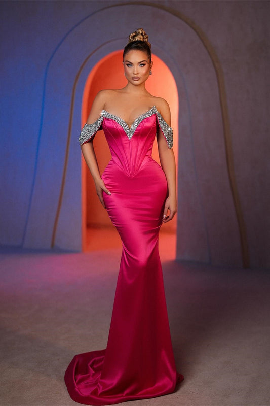 Sexy Meerjungfrau Off-the-Shoulder Ärmellose Strass Satin Ballkleider