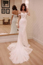Sexy Off Shoulder Appliqued Beach with Court Train Ivory Elegant Wedding Dresses