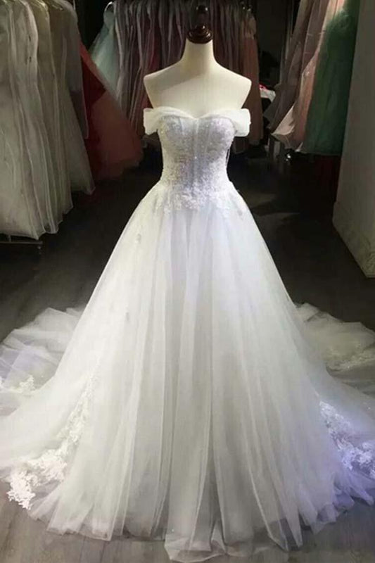 Sexy Off Shoulder Weiß Tüll Brautkleider mit Applikationen WD203
