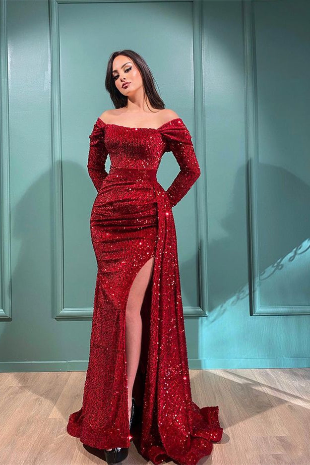 Vestidos de fiesta sexys con hombros descubiertos, abertura frontal y mangas largas